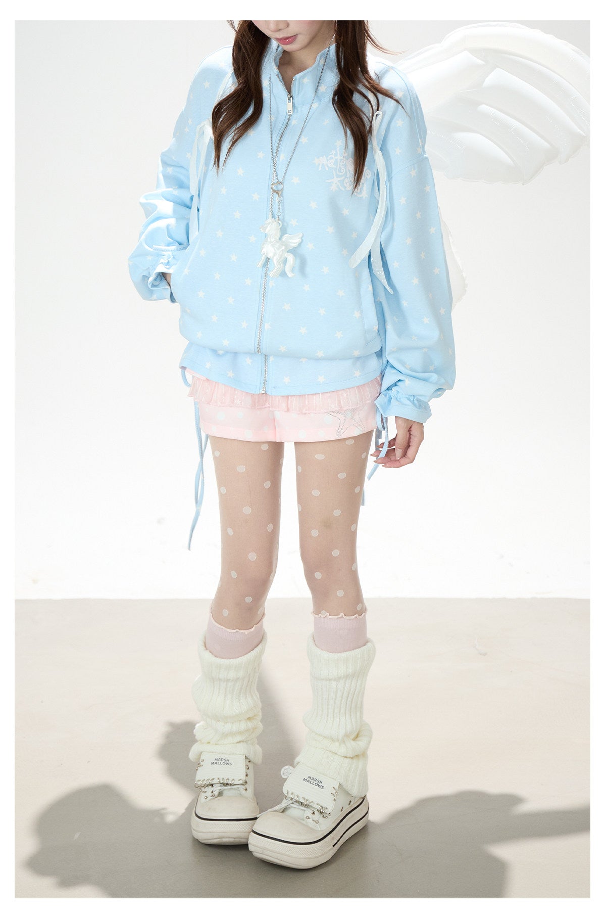 Allover Star Zip-Up Sweatshirt Jacket & Blue Plaid Tiered Midi Skirt