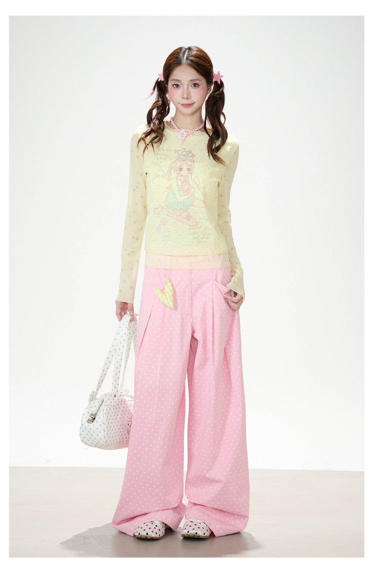 Anime Star Polka-Dot Mesh Long Sleeve Top & Bunny Graphic Wide-Leg Jeans