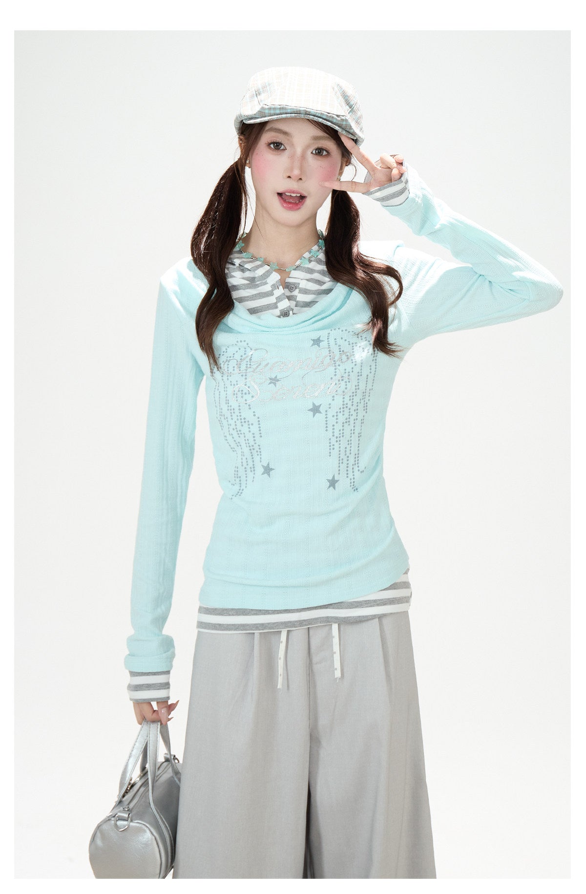 Cowl-Neck Hooded Layered Long Sleeve Top & Gray Wide-Leg Pants