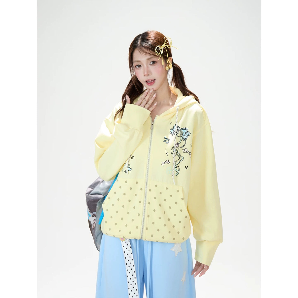 Hand-Drawn Polka-Dot Zip-Up Hoodie & Pink Ruffle Mini Skirt