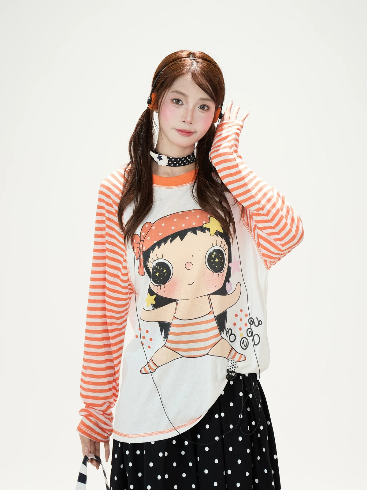 Cartoon Girl Stripe Raglan Long Sleeve Top & Black Polka-Dot Ruffle Skirt