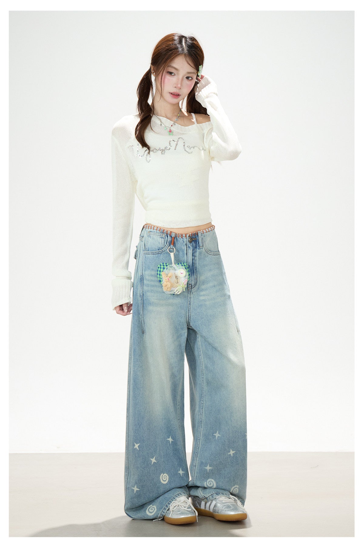 Playful Star Print Washed Wide-Leg Jeans