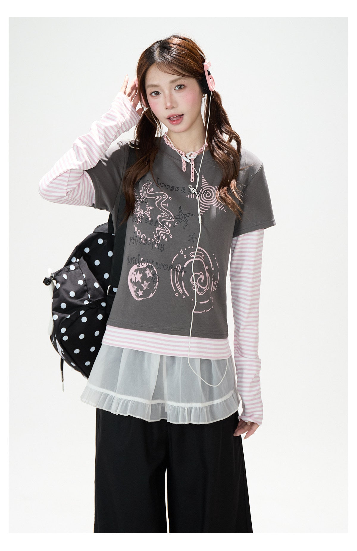 Graffiti Layered Long Sleeve Top & Black Wide-Leg Pants
