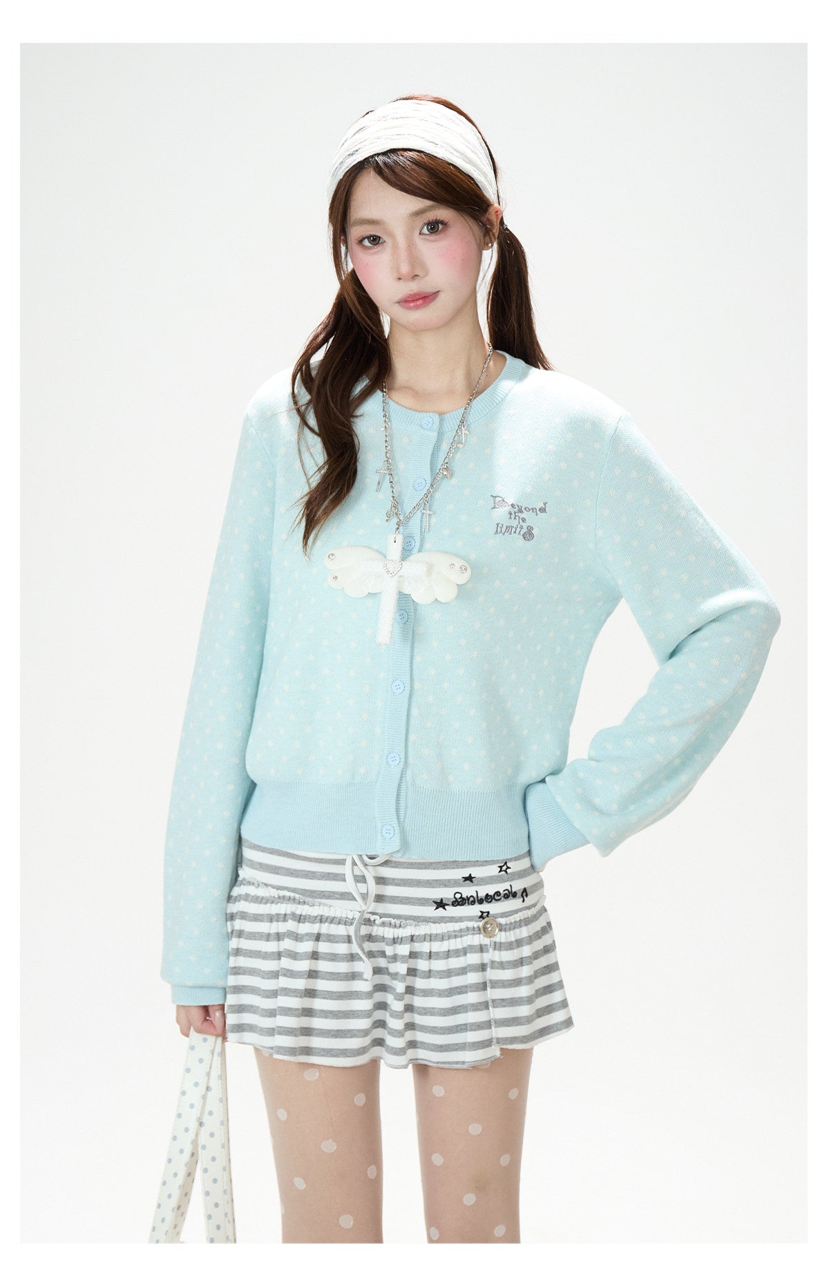 Polka-Dot Soft Knit Cardigan & Gray Mini Skirt