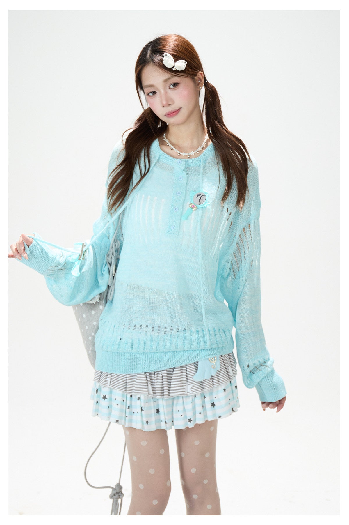 Openwork Knit Long Sleeve Top & Light Blue Layered Ruffle Mini Skirt