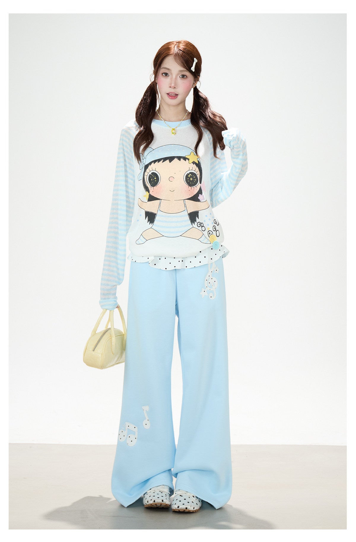 Cartoon Girl Stripe Raglan Long Sleeve Top & Black Polka-Dot Ruffle Skirt