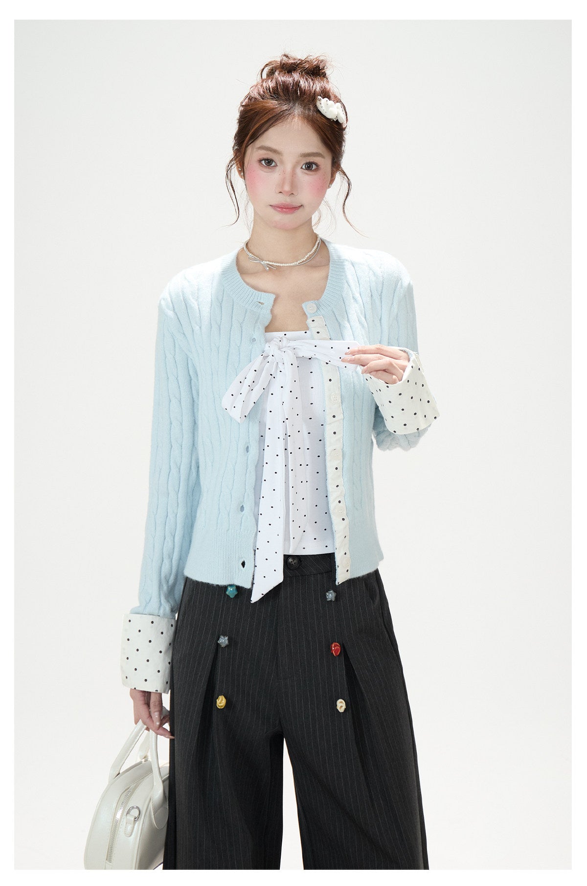 Cable-Knit Polka-Dot Faux-Layered Cardigan