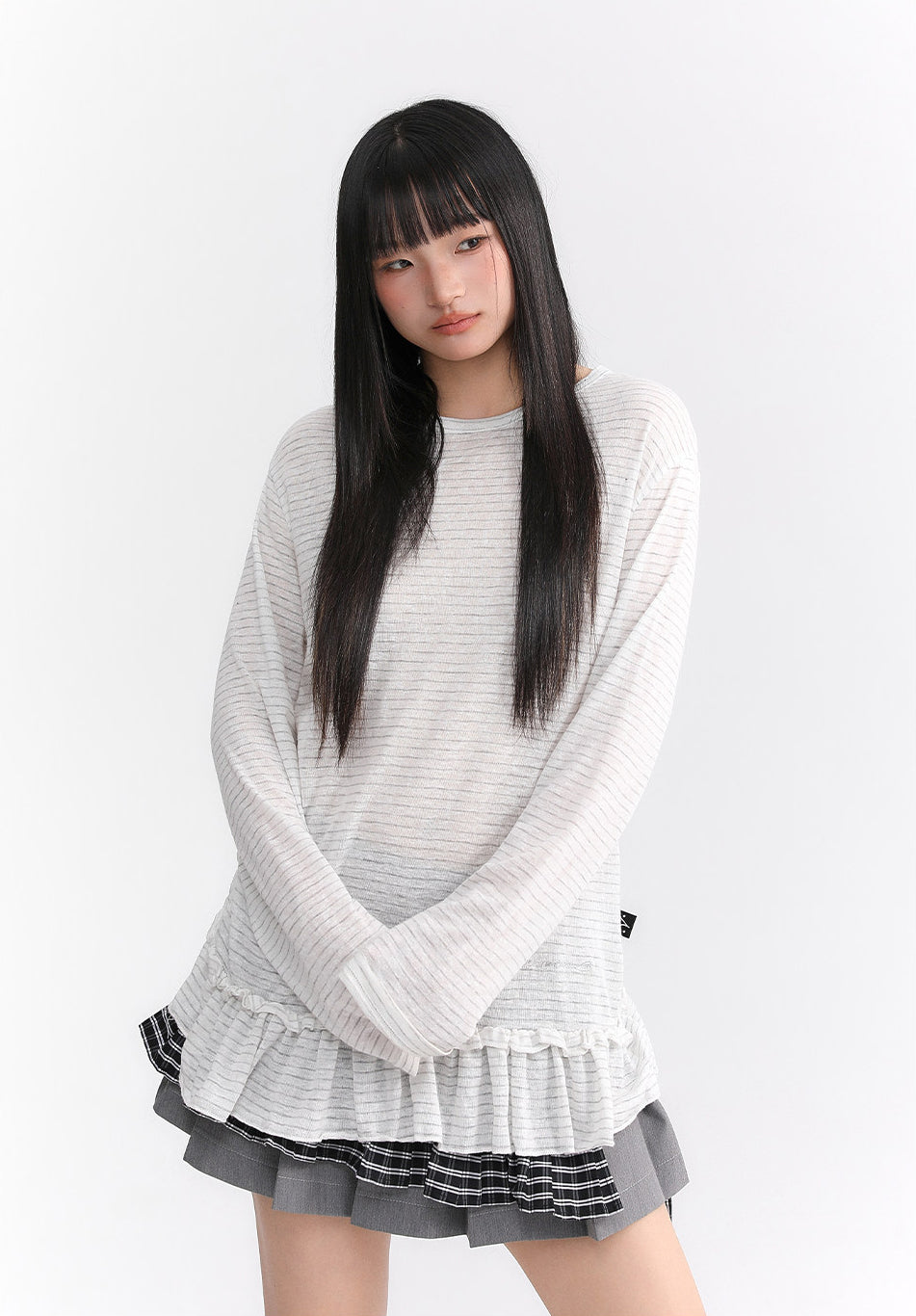 Sheer Stripe Ruffle-Hem Layering Top
