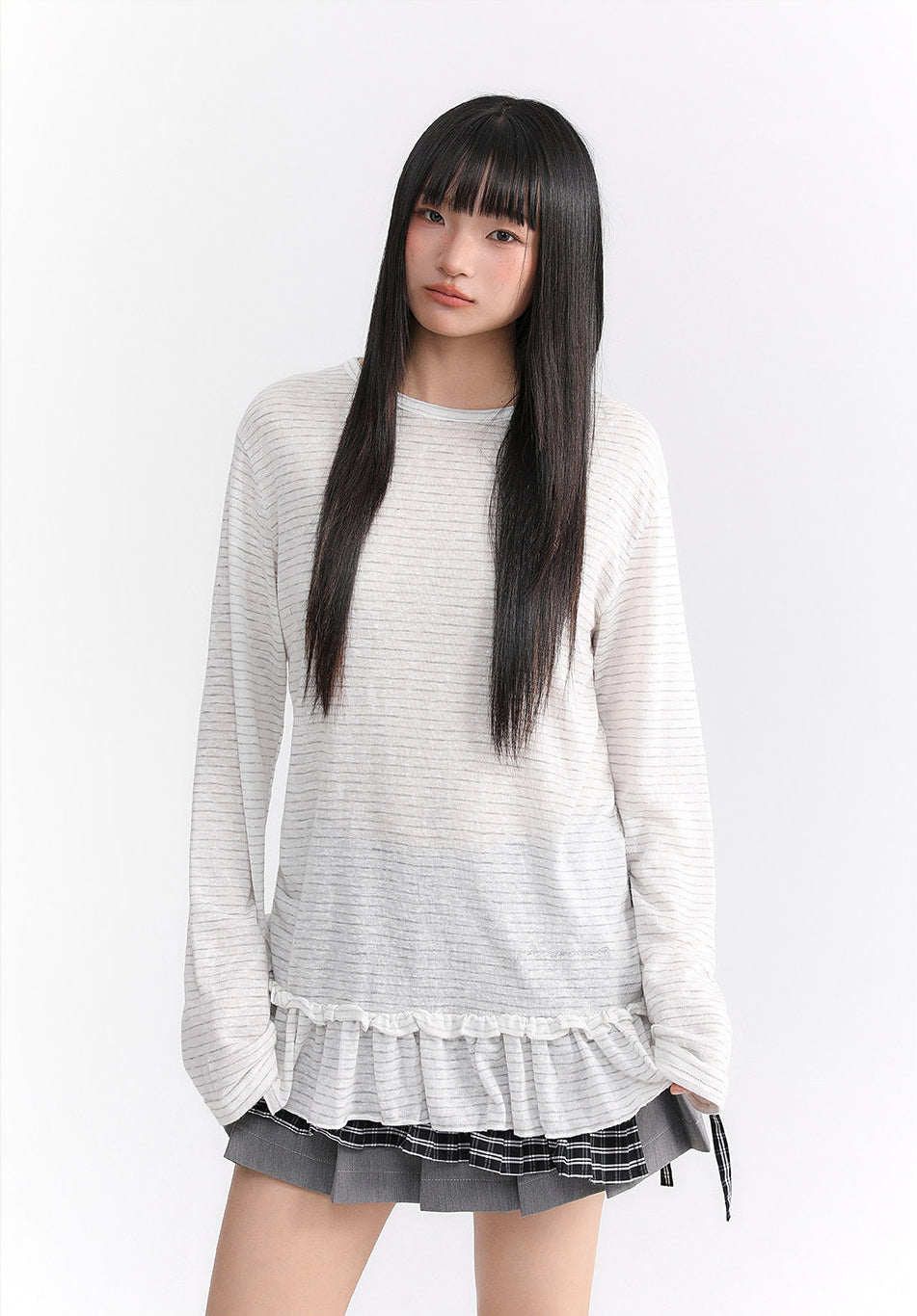 Sheer Stripe Ruffle-Hem Layering Top
