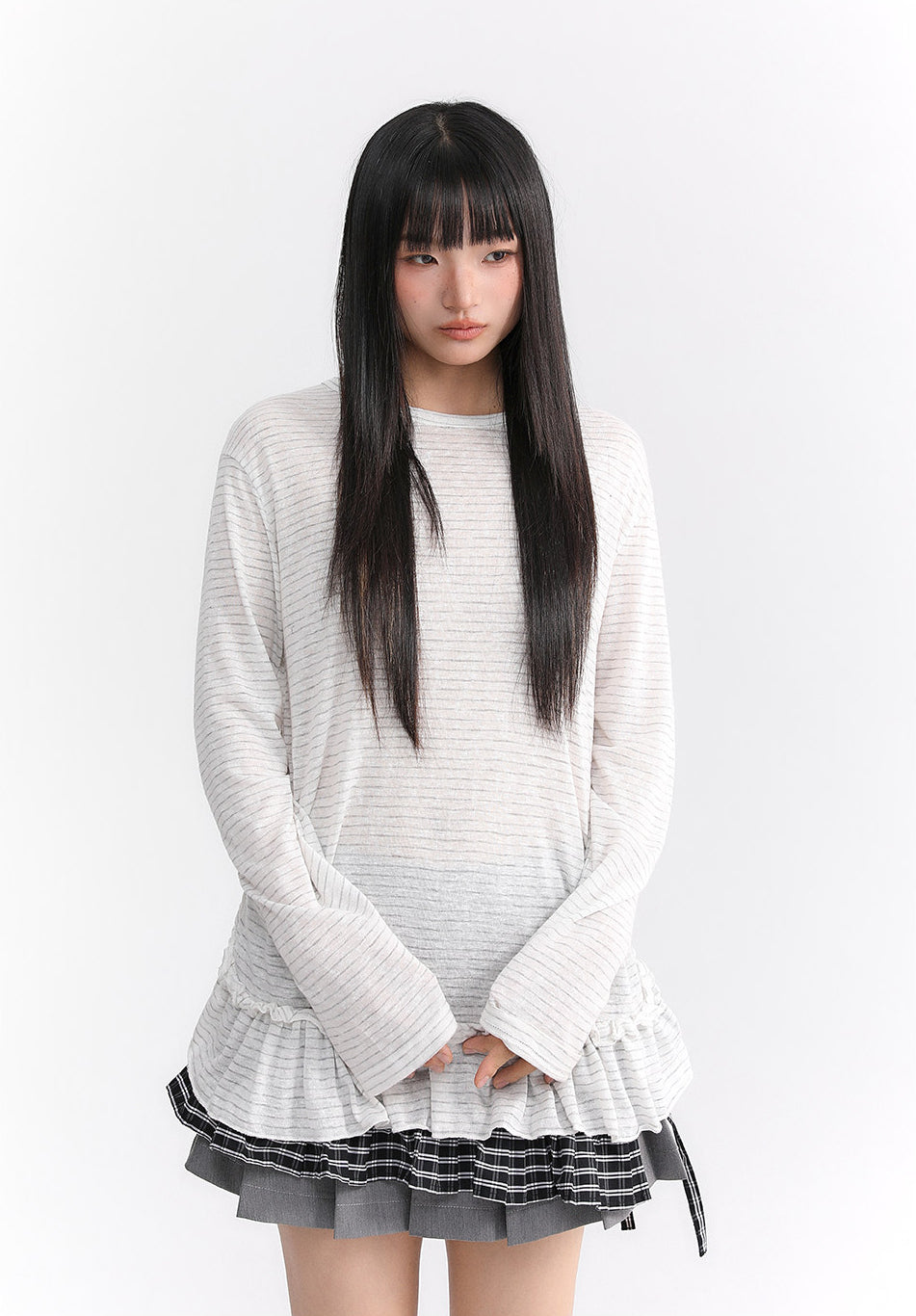 Sheer Stripe Ruffle-Hem Layering Top