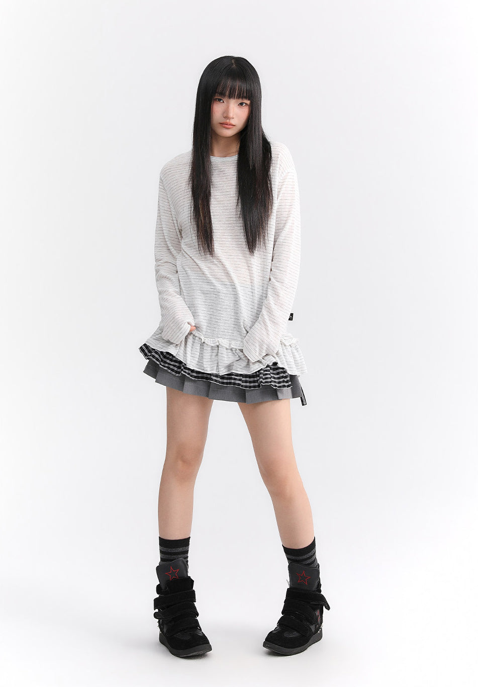 Sheer Stripe Ruffle-Hem Layering Top
