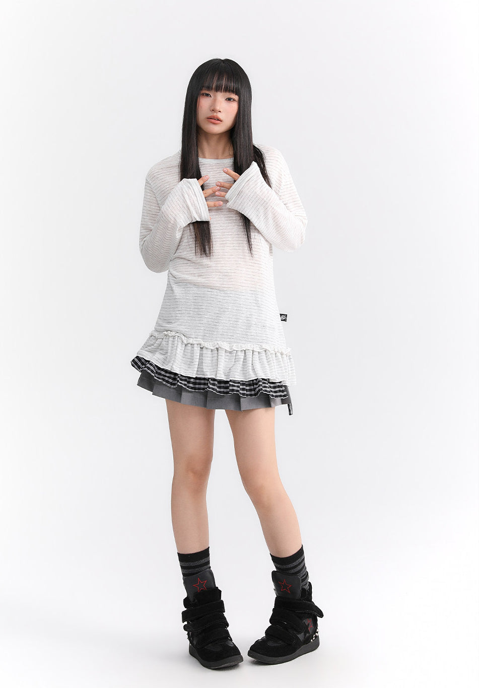 Sheer Stripe Ruffle-Hem Layering Top