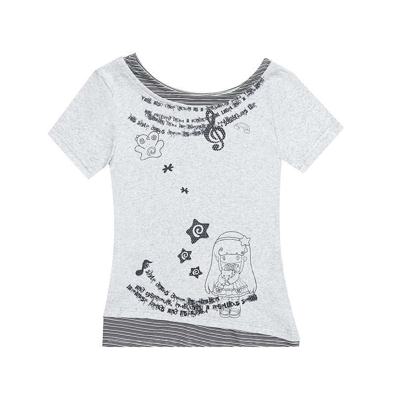 【rejio】アシンメトリー フェイクレイヤード グラフィックTシャツ (ブラック / ヘザーグレー) - 追光的猫Solpaw | rejio
