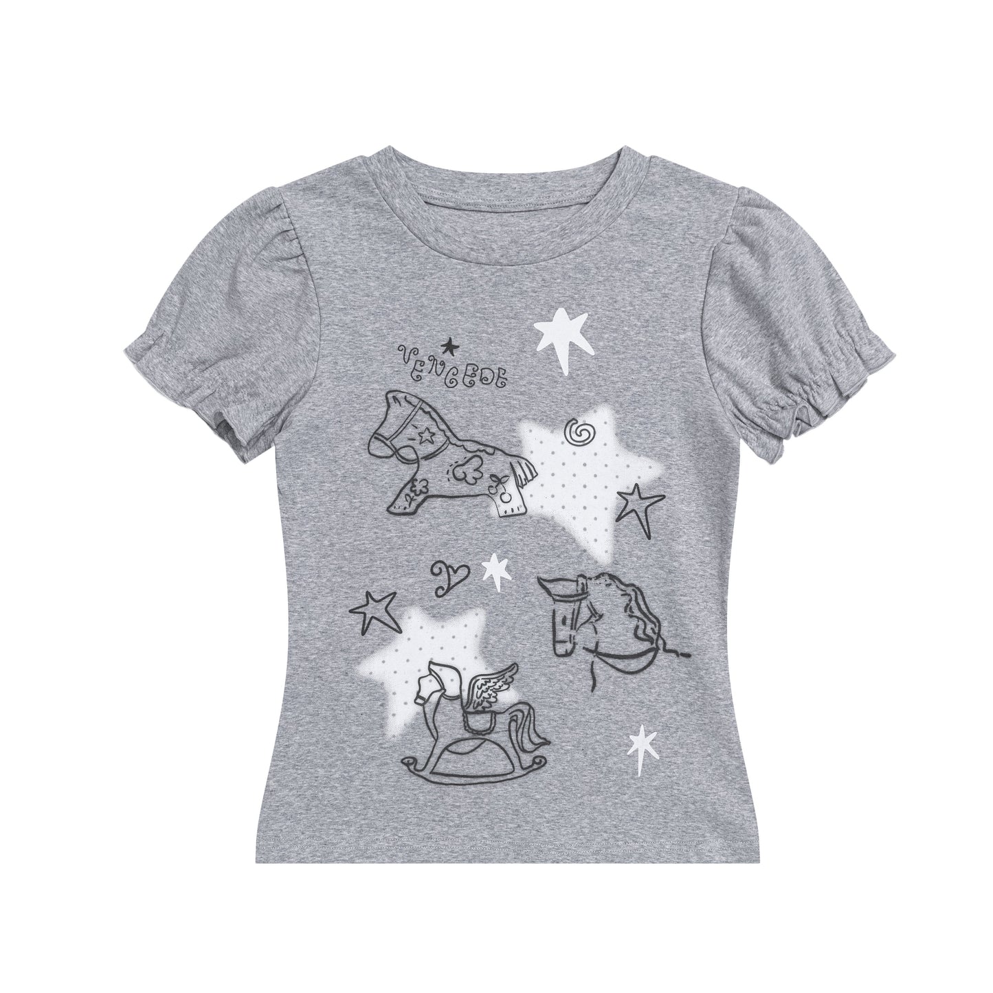 【rejio】ノスタルジック ロッキングホース パフスリーブTシャツ (ヘザーグレー) - 追光的猫Solpaw | rejio