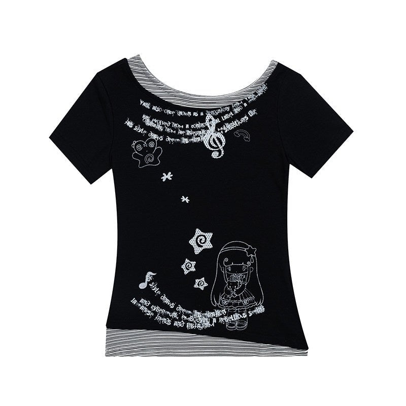 【rejio】アシンメトリー フェイクレイヤード グラフィックTシャツ (ブラック / ヘザーグレー) - 追光的猫Solpaw | rejio