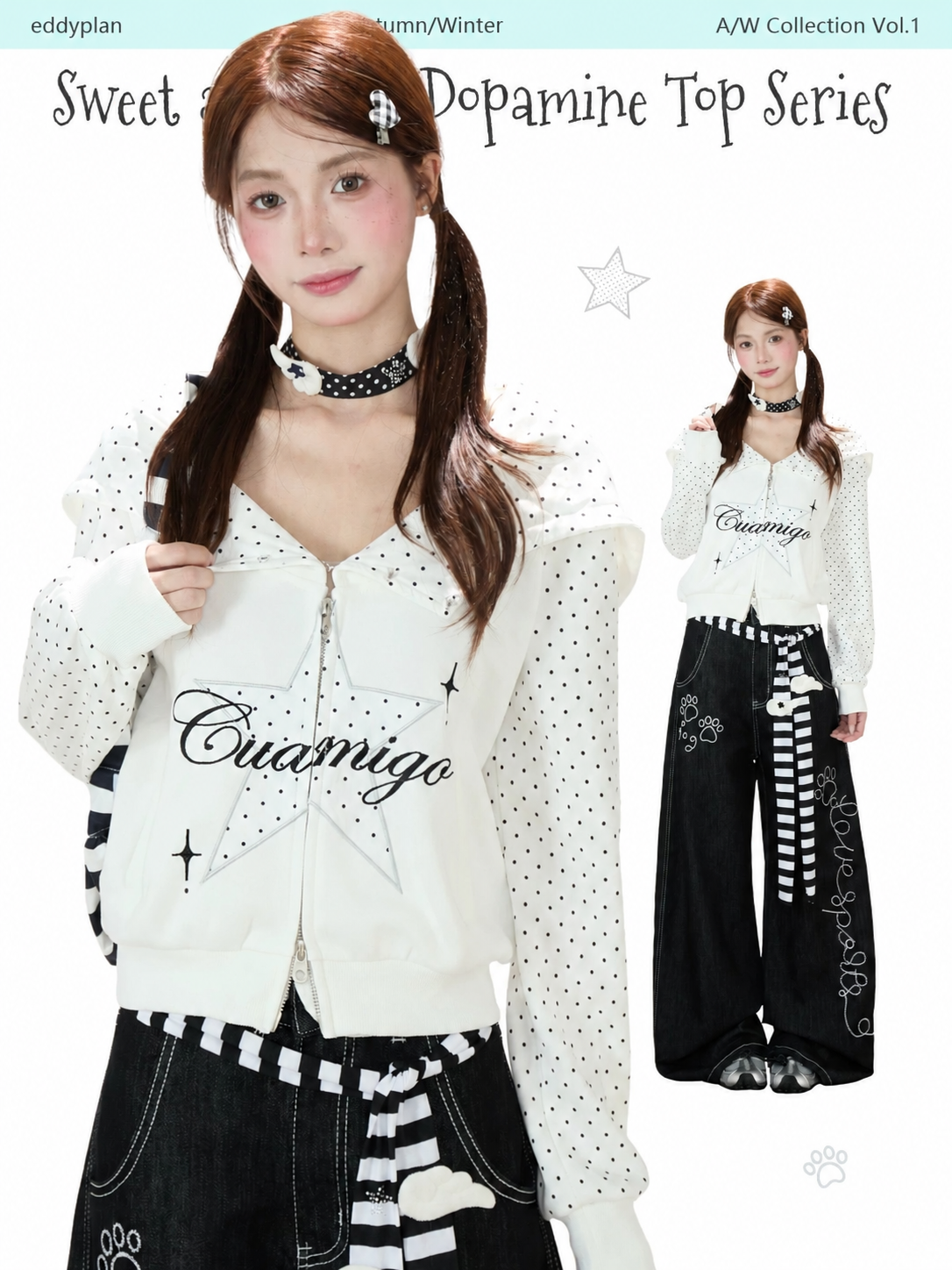Star Polka-Dot Zip-Up Hoodie & Paw Print Wide-Leg Jeans